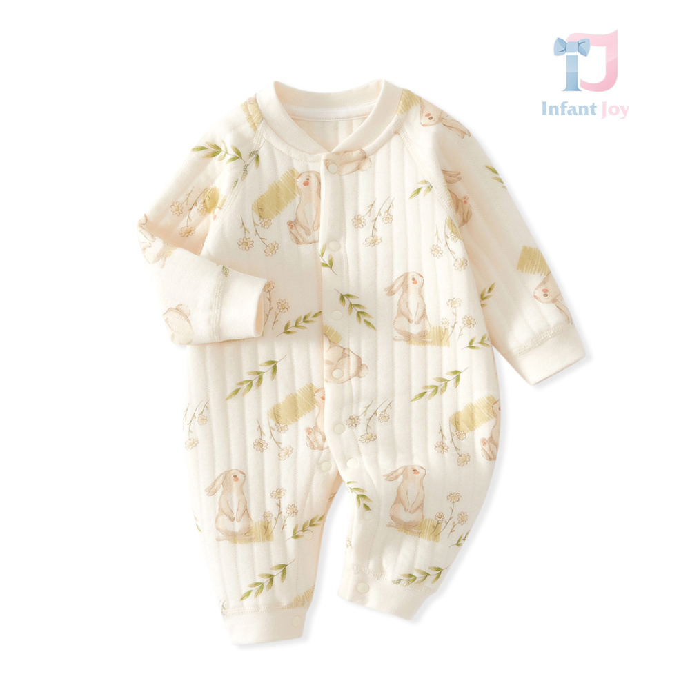 Salopetă premium ribată din bumbac organic Springtime Bunny