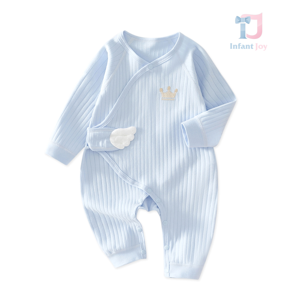 Romper premium din bumbac organic ribat cu închidere cu capse tic-tac și broderie Angel Crown Skyblue