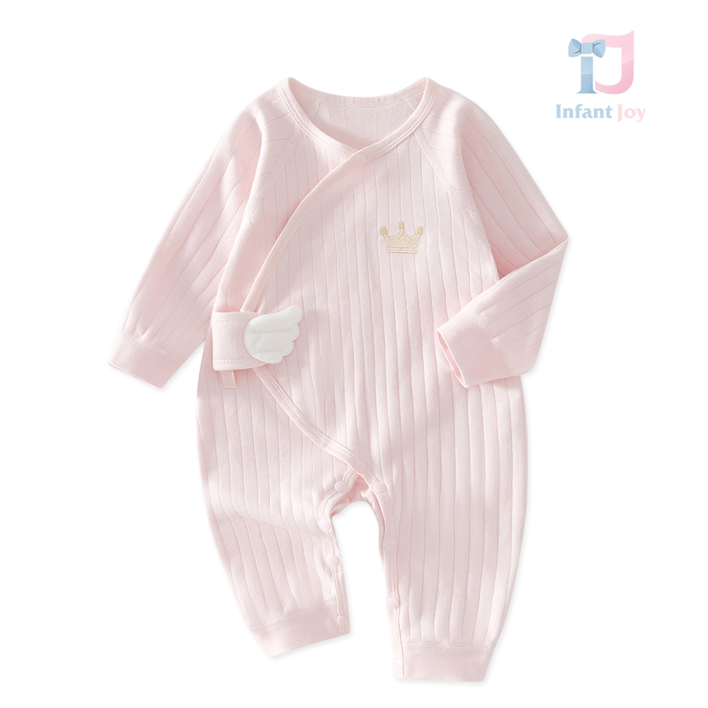 Romper premium din bumbac organic ribat cu închidere cu capse tic-tac și broderie Angel Crown Softpink
