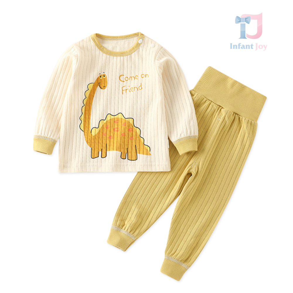 Set de pijama de 2 piese din rips de înaltă calitate Sleepy Dino Yellow