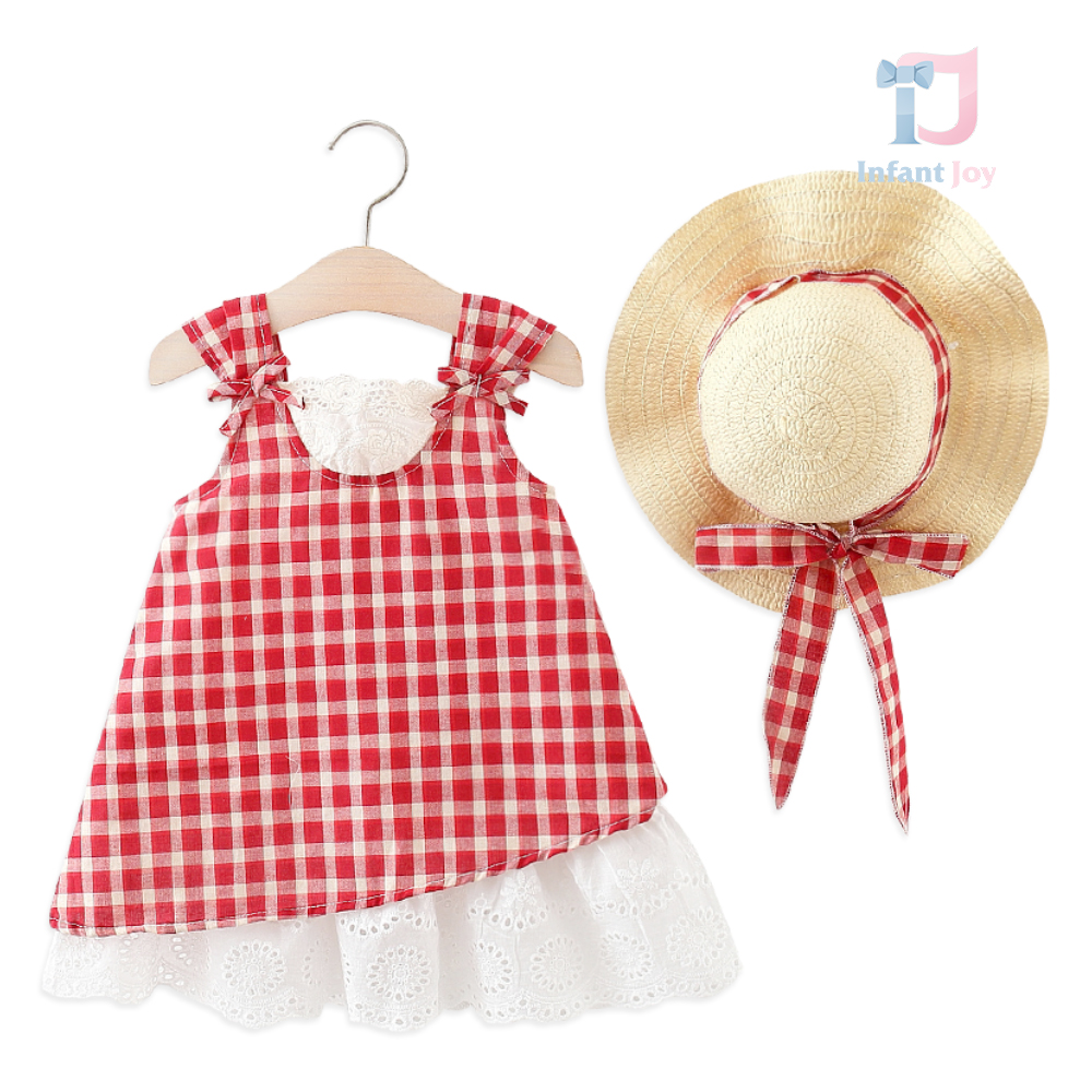 Set de 2 piese cu rochie cu model în carouri, elemente din dantelă și pălărie Country Bloom
