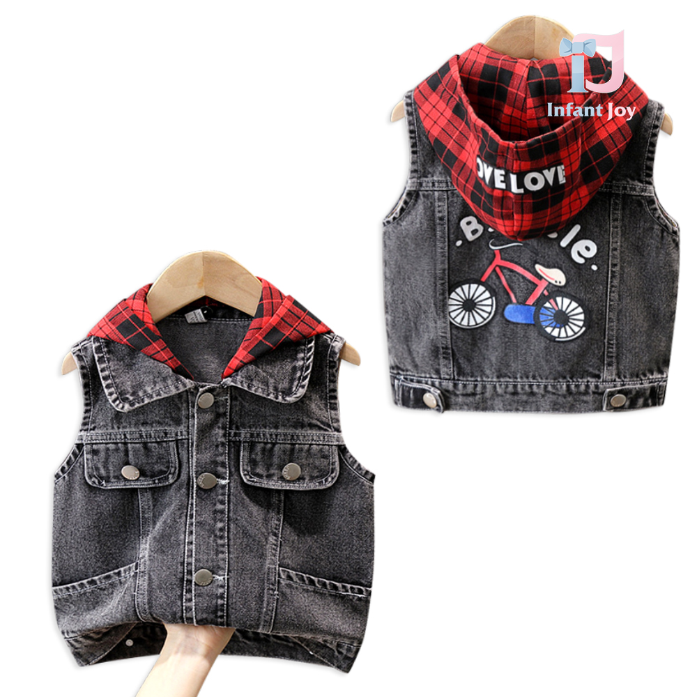 Vestă din denim cu glugă în carouri, guler clasic și imprimeu pe spate Rocky Mood Black Bicycle