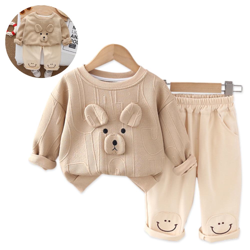 Set de 2 piese din bluză/hanorac cu relief, elemente 3D și pantaloni cu imprimeuri Bear Smile