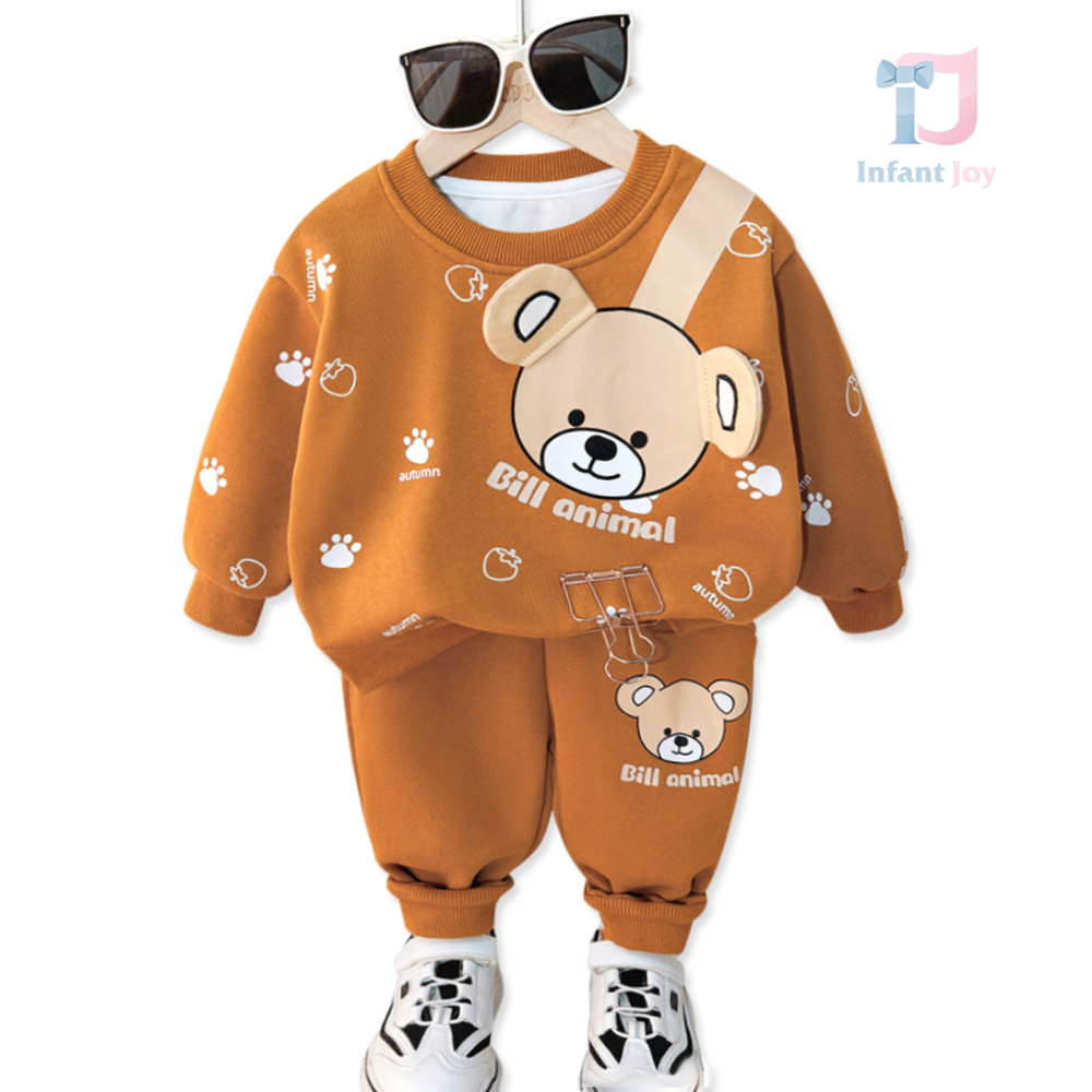 Set de 2 piese din bluză/hanorac cu multiple imprimeuri și pantaloni Bill Animal Bear Caramel