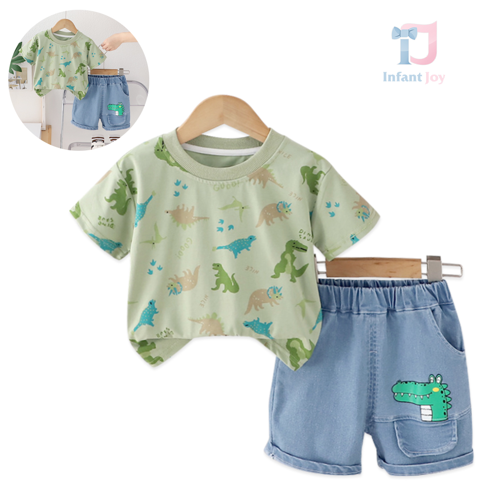 Set de 2 piese cu tricou cu imprimeuri moderne și pantaloni scurți din denim DinoMite Green