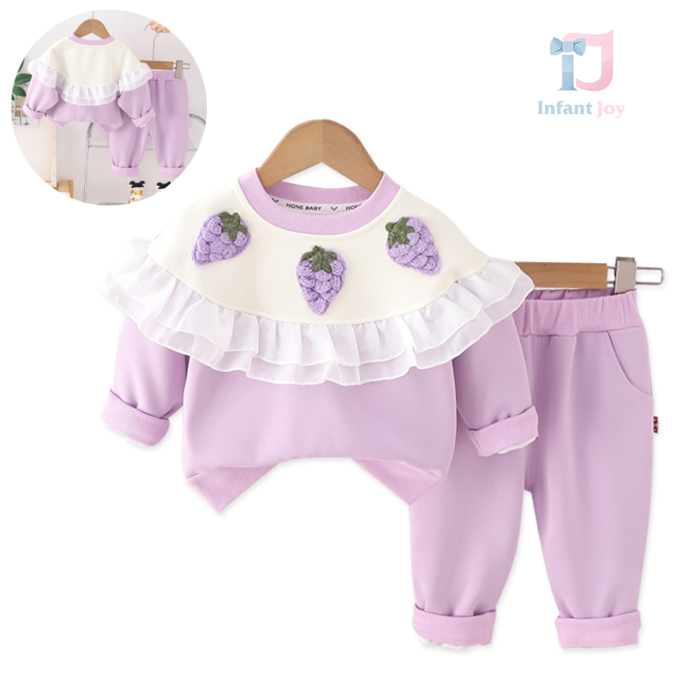Set de 2 piese cu bluză/hanorac cu elemente tricotate 3D, volane și pantaloni Fruity Cutie