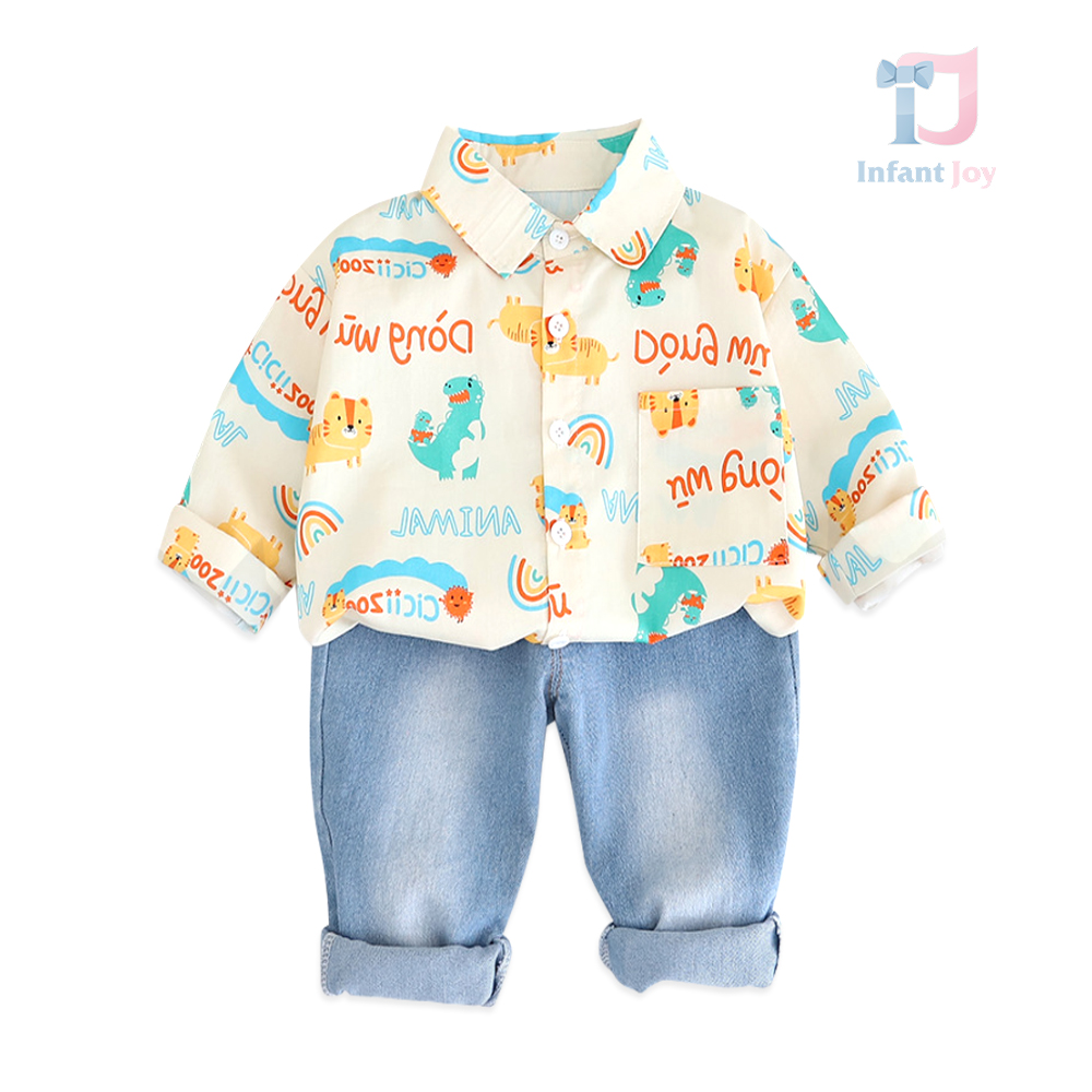 Set de 2 piese cu cămașă cu model pentru copii și guler clasic și pantaloni scurți din denim Mini Zookeeper