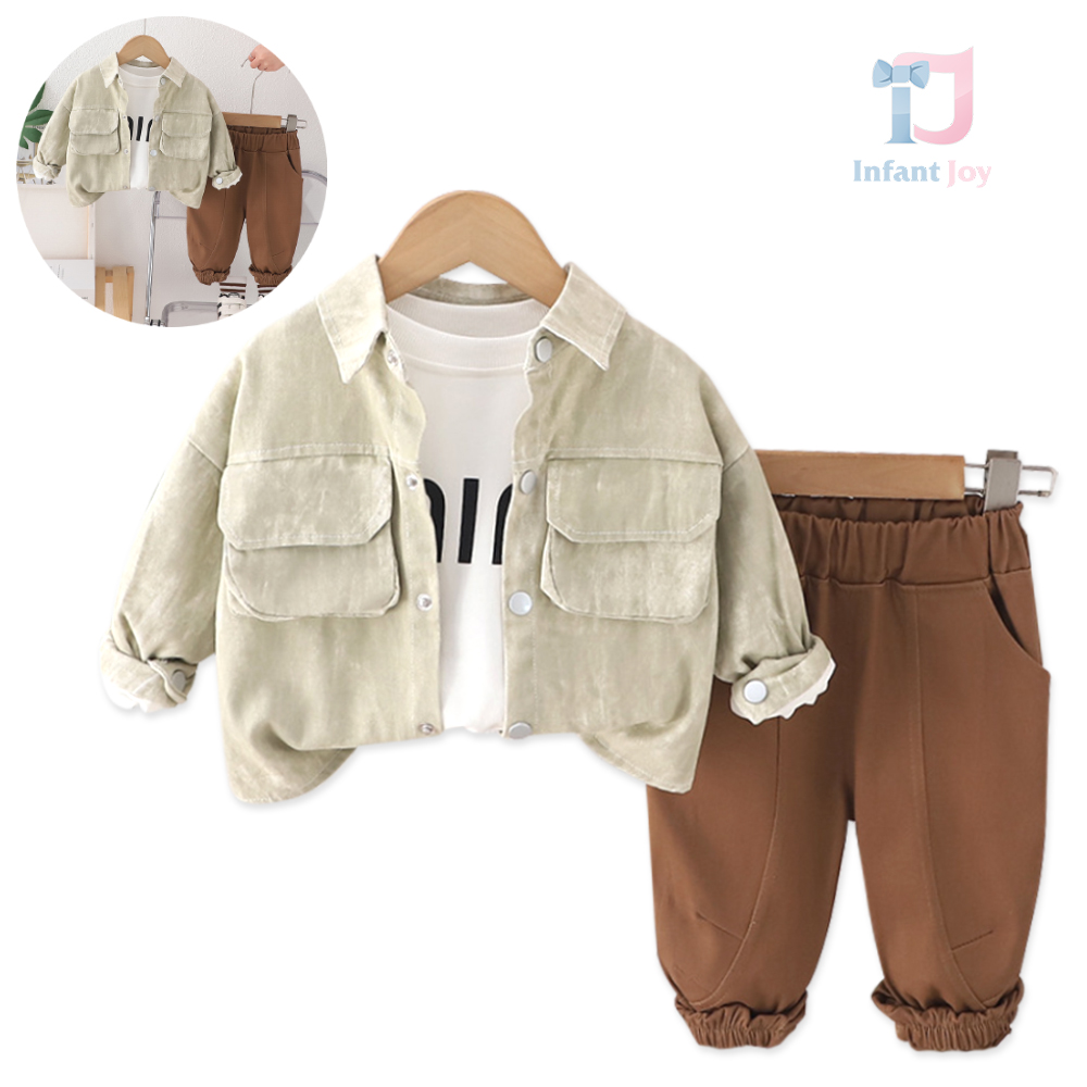 Set de 3 piese din cămașă modernă cu guler clasic, buzunare, bluză și pantaloni Neutral Vibes Green