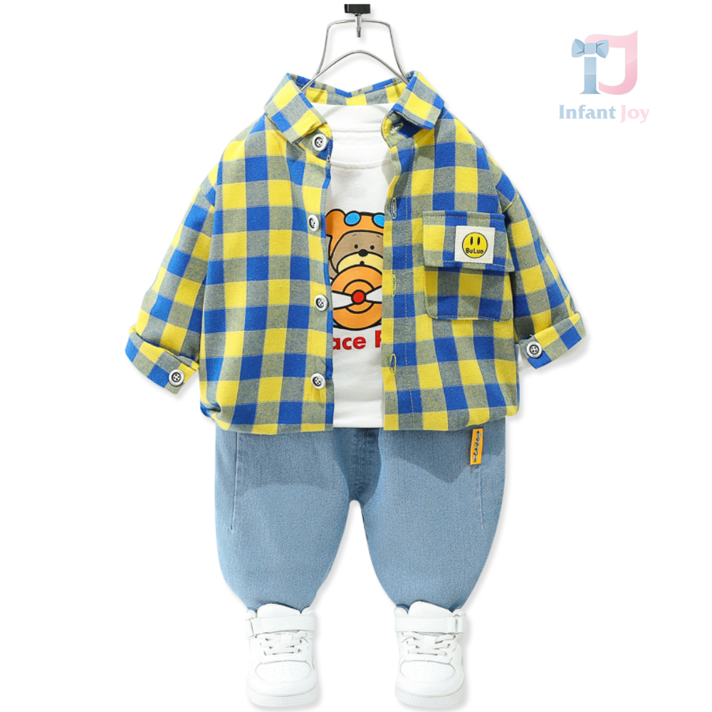 Set de 3 piese cu pantaloni din denim și cămașă în carouri Race Pilot Yellow