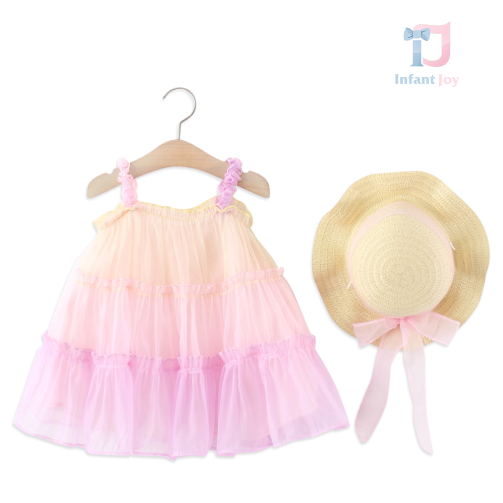 Set de 2 piese cu rochie multicoloră din tul și pălărie Rainbow Bloom Pink