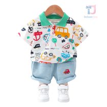 Set de 2 piese cu tricou cu imprimeuri și guler clasic și pantaloni scurți din denim Street Joy