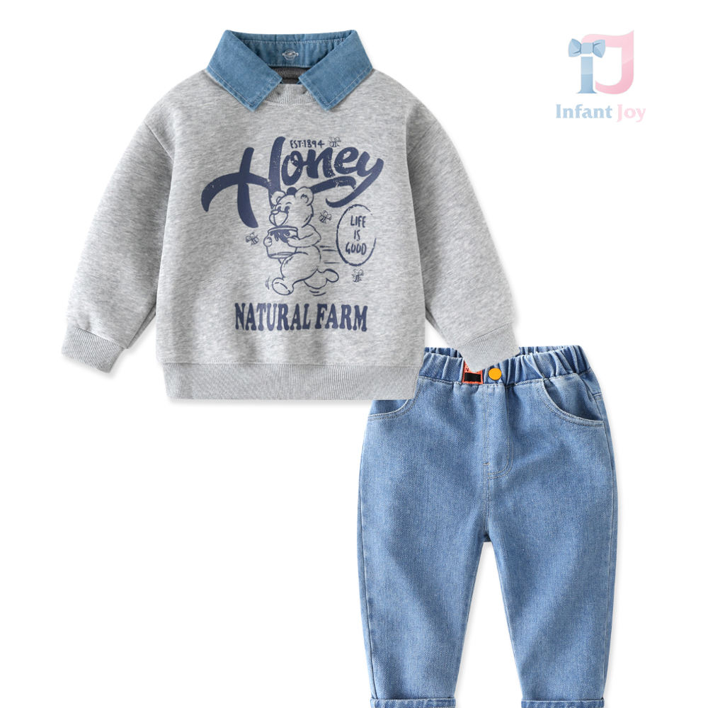 Set de 3 piese cu bluză/hanorac modern cu guler din denim și pantaloni din denim Trendy Honey Bear Grey