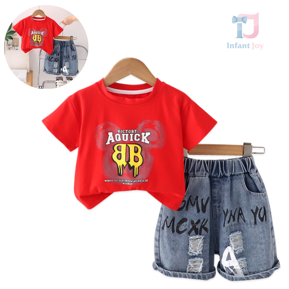 Set de 2 piese cu tricou și pantaloni scurți din denim cu multiple imprimeuri moderne Urban Beat Red