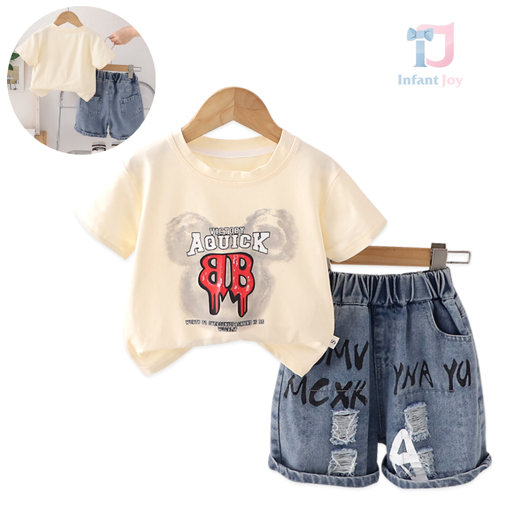 Set de 2 piese cu tricou și pantaloni scurți din denim cu multiple imprimeuri moderne Urban Beat Vanilla