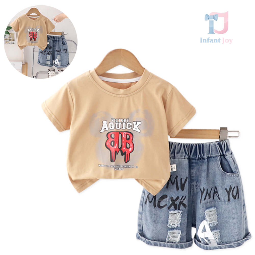 Set de 2 piese cu tricou și pantaloni scurți din denim cu multiple imprimeuri moderne Urban Beat