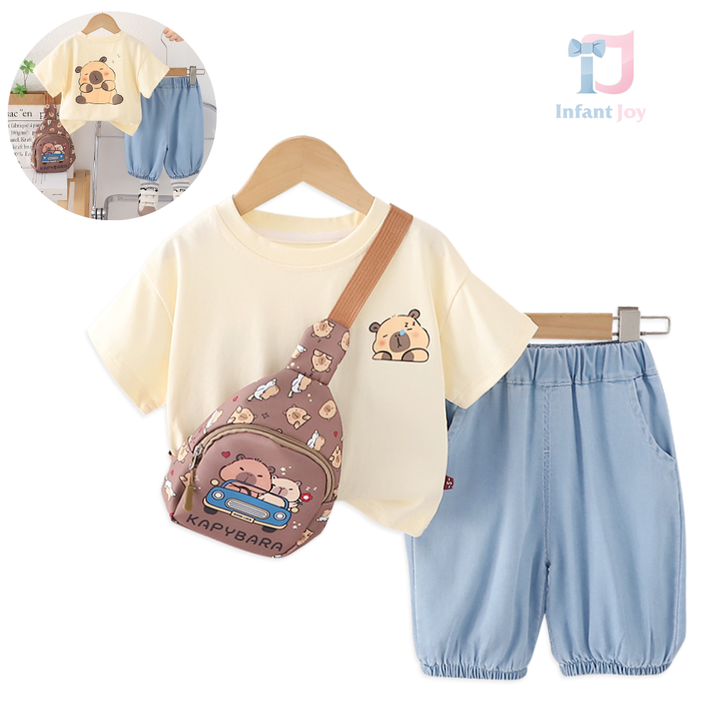 Set de 3 piese cu tricou cu imprimeu, pantaloni scurți din denim și borsetă de umăr WanderBear