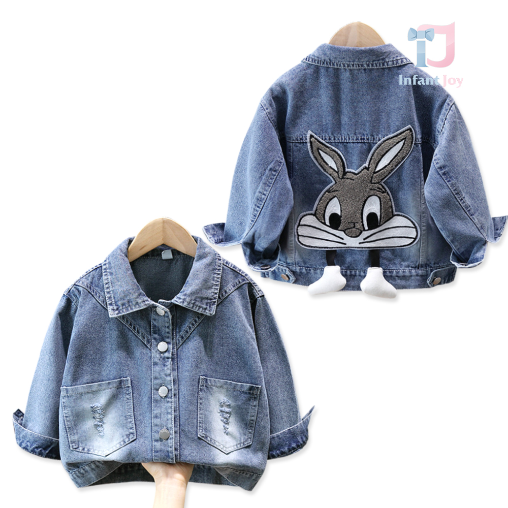 Jachetă modernă din denim cu aplicație mare din pluș și elemente 3D Bunny Pop