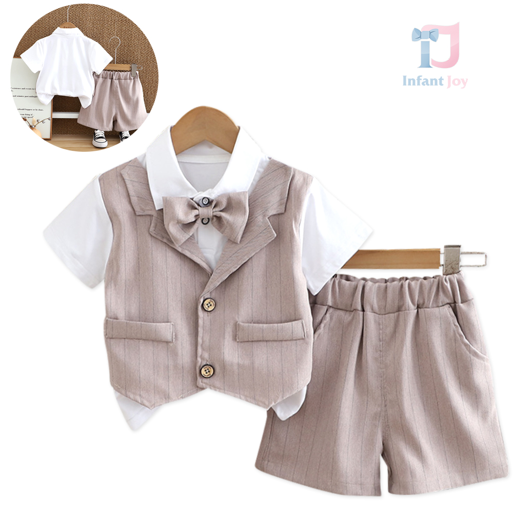 Set elegant de 2 piese cu cămașă cu vestă aplicată și papion, și pantaloni scurți Beige Baron