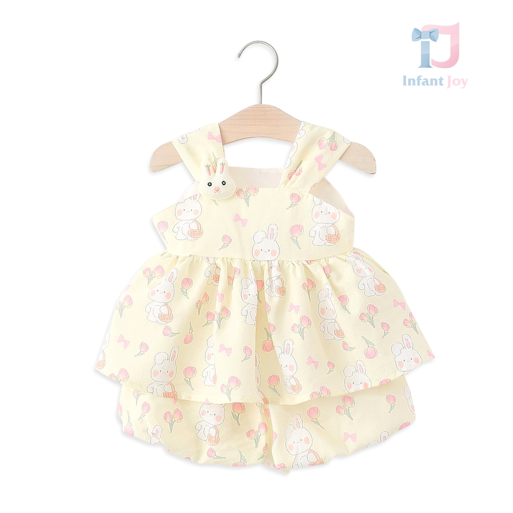 Set de 2 piese cu top în croială A cu fronseu, iepuraș 3D și pantaloni scurți dublați Blush Sunny Bunny