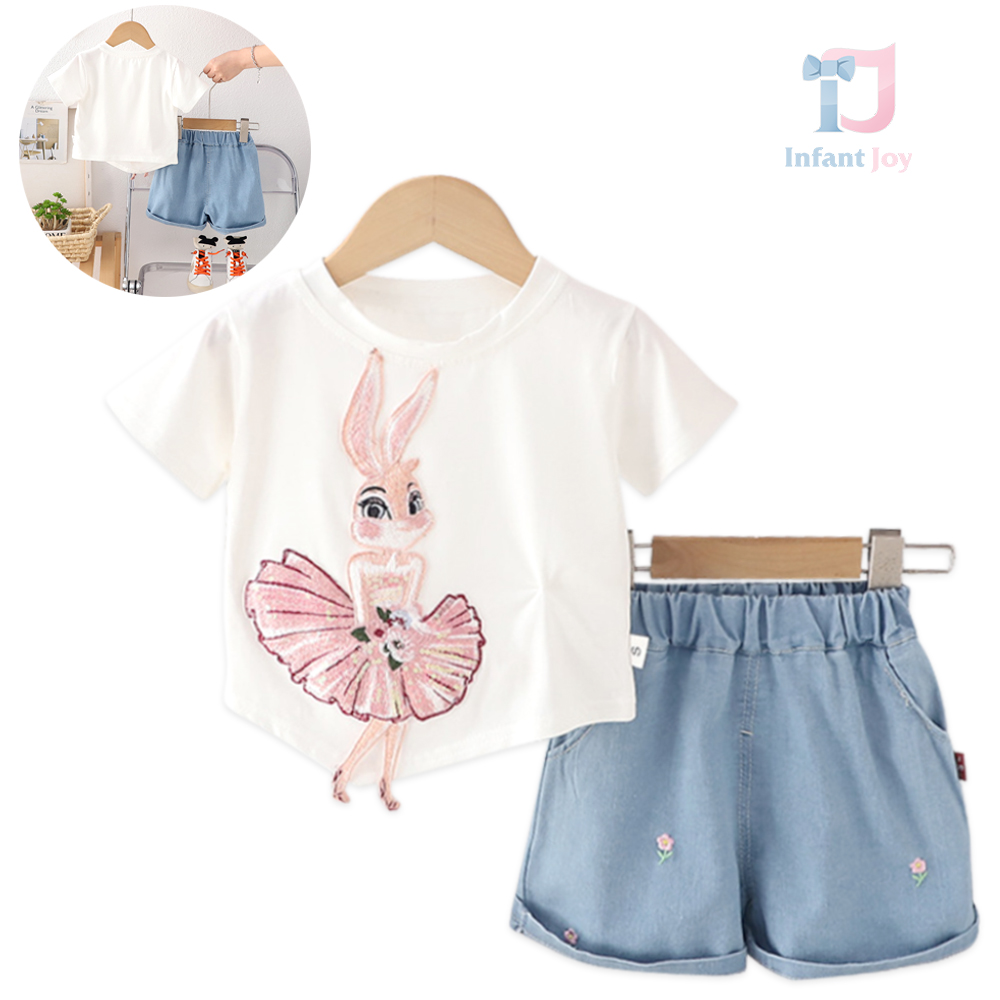 Set de 2 piese cu tricou cu broderie mare și pantaloni scurți din denim Bunny Pirouette