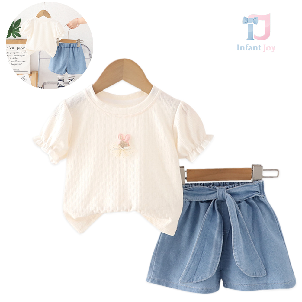 Set de 2 piese cu tricou cu element 3D, mâneci bufante și pantaloni scurți din denim cu curea Dandelion Grace