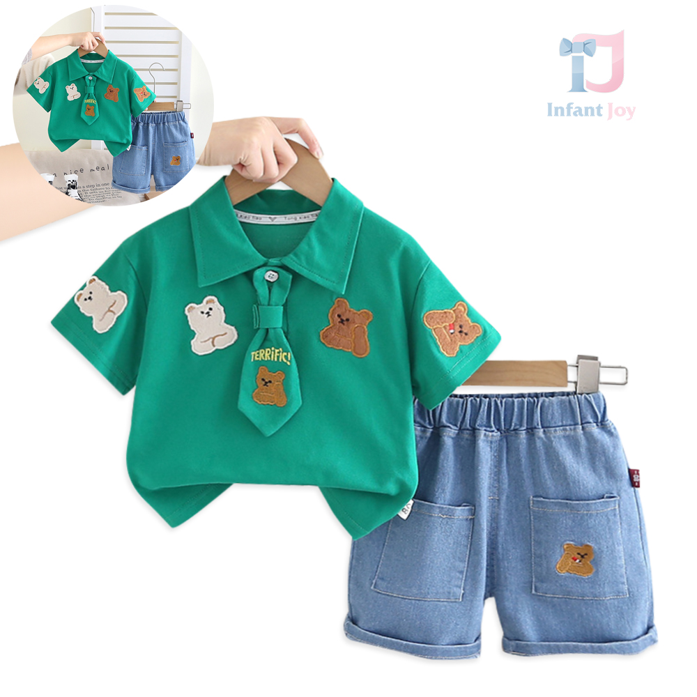 Set sport-elegant de 3 piese cu cămașă cu ursuleți brodați, cravată subțire și pantaloni din denim Denim Teddy Green