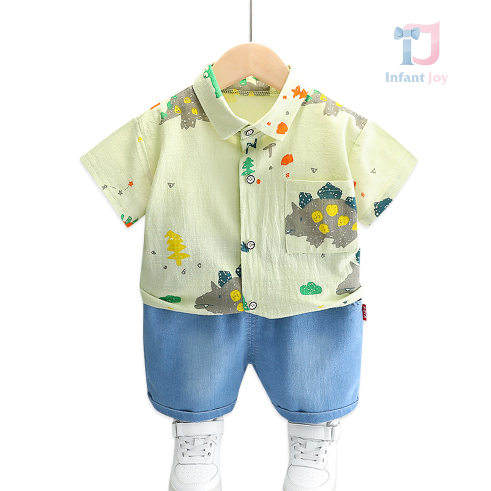 Set de 2 piese cu cămașă din in și pantaloni scurți din denim Dino Dynasty Green