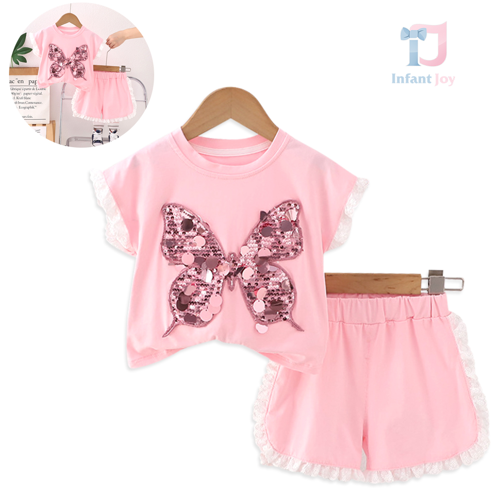 Set de 2 piese cu tricou cu fluture mare din paiete, terminat cu dantelă din bumbac, și pantaloni scurți Glimmerlit Miss Pink