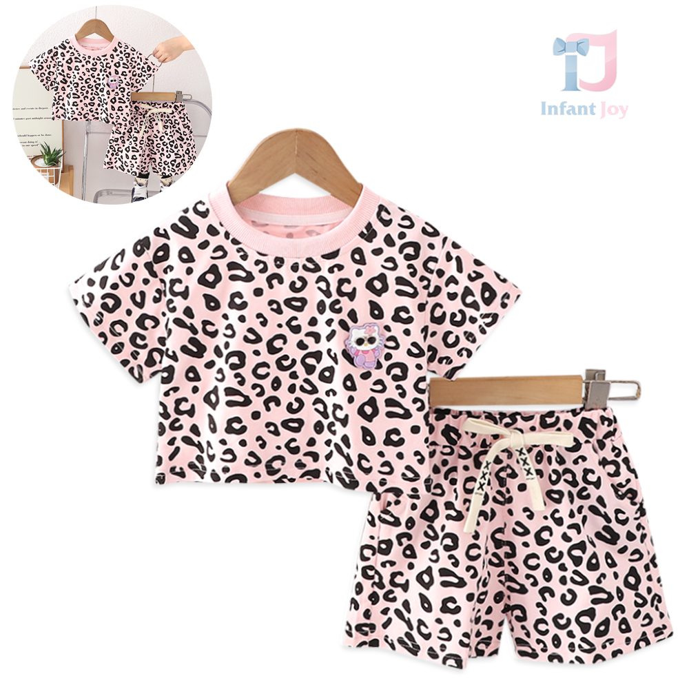 Set de 2 piese cu imprimeu leopard și aplicație 3D Leopard Cartoon Pink