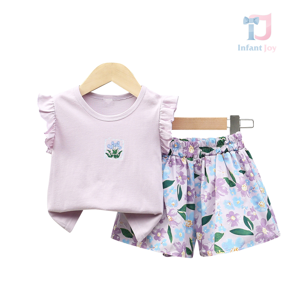 Set de 2 piese cu top cu volane și pantaloni evazați tip fustă Lilac Flowers