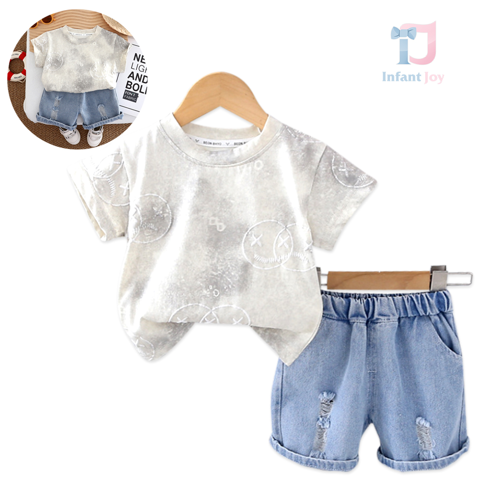 Set de 2 piese cu pantaloni scurți din denim cu zone uzate Little Rebel Beige