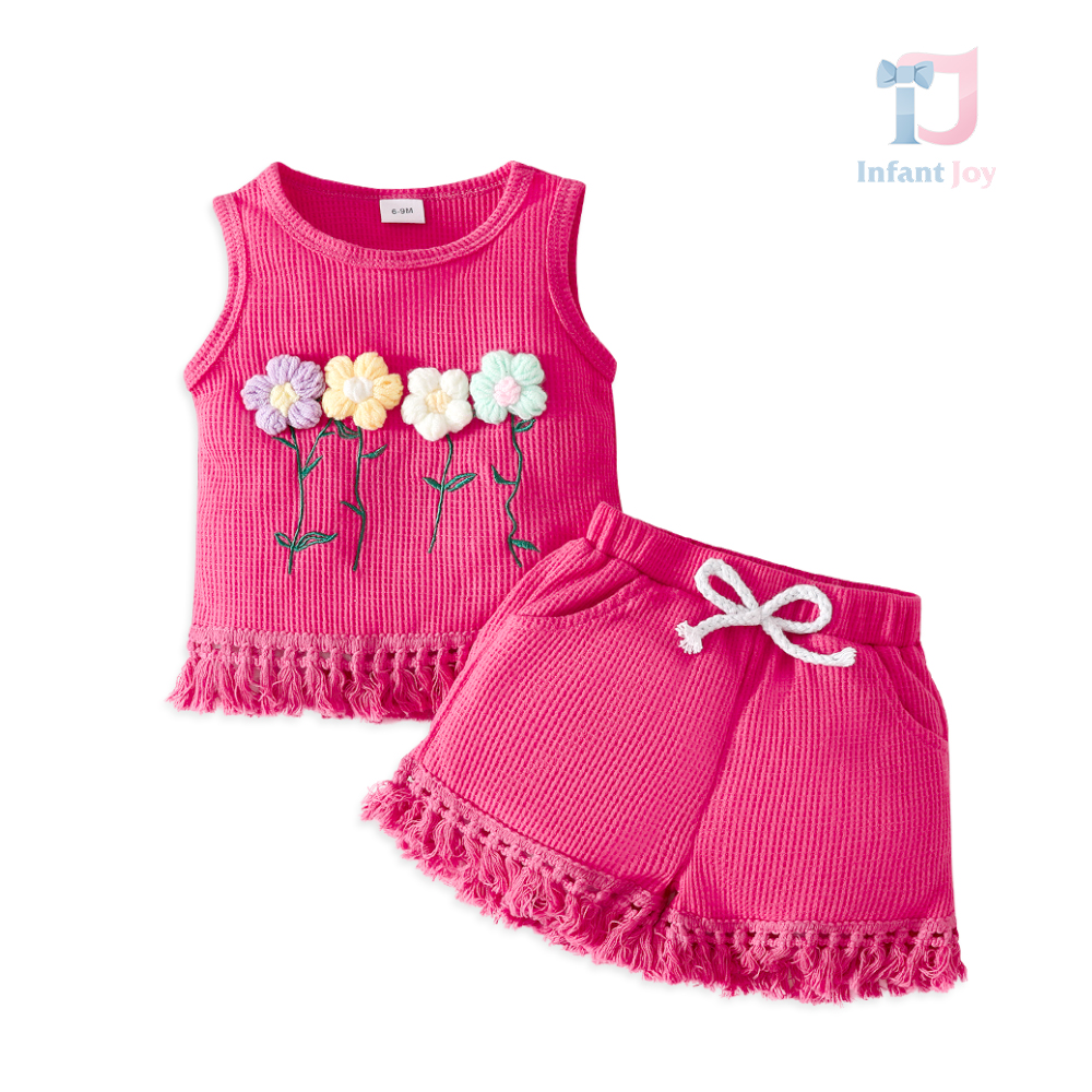 Set de 2 piese cu efect waffel, flori 3D și franjuri boho Gorgeous Mini Bloom Cyclama