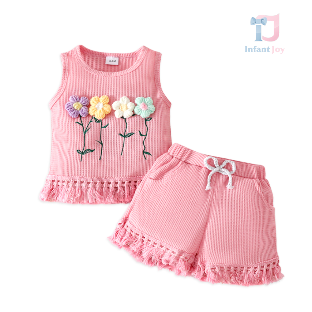 Set de 2 piese cu efect waffel, flori 3D și franjuri boho Gorgeous Mini Bloom Pink