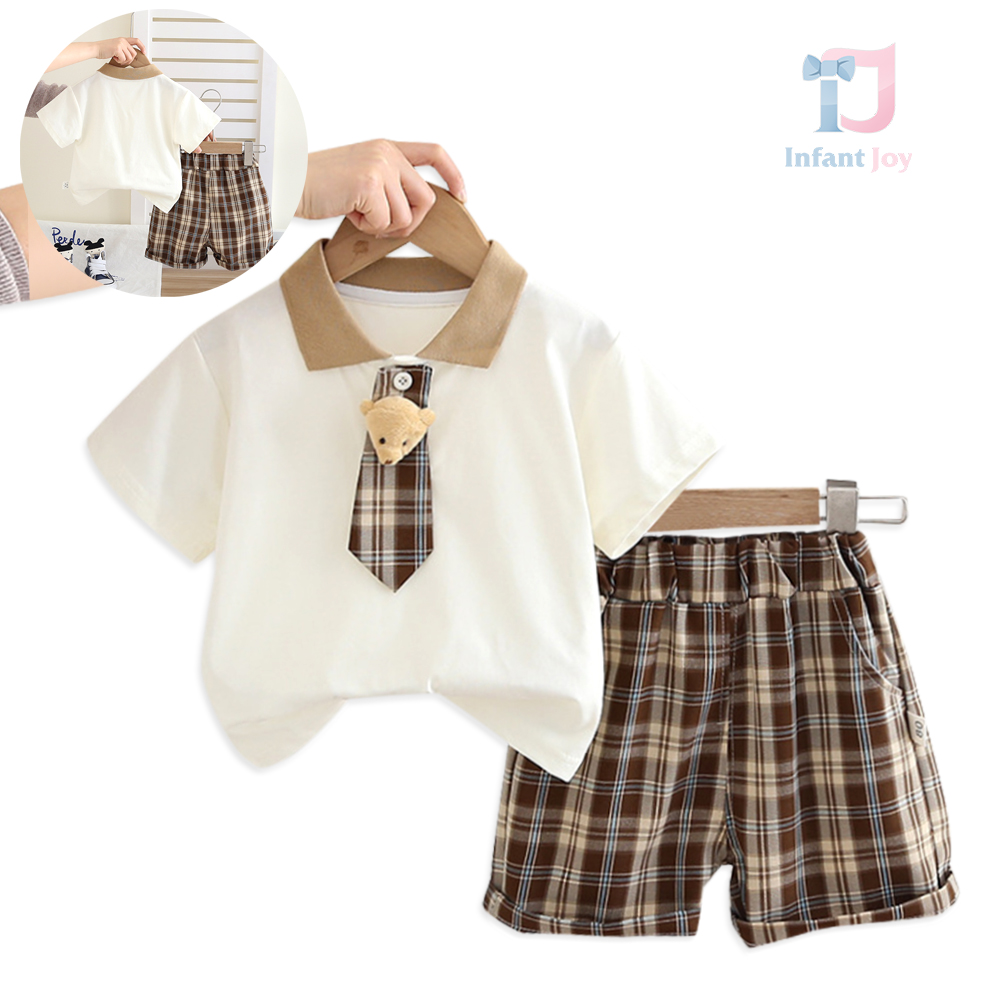 Set de 3 piese cu tricou, cravată cu ursuleț și pantaloni scurți în carouri Mr. Teddy Scholar