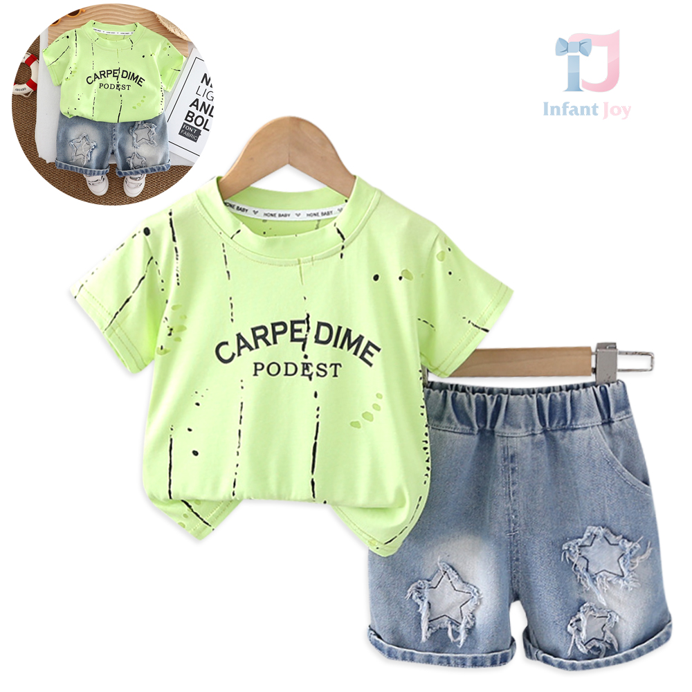 Set de 2 piese cu tricou neon cu stropi de culoare și pantaloni scurți din denim cu stele Neon Splash Set