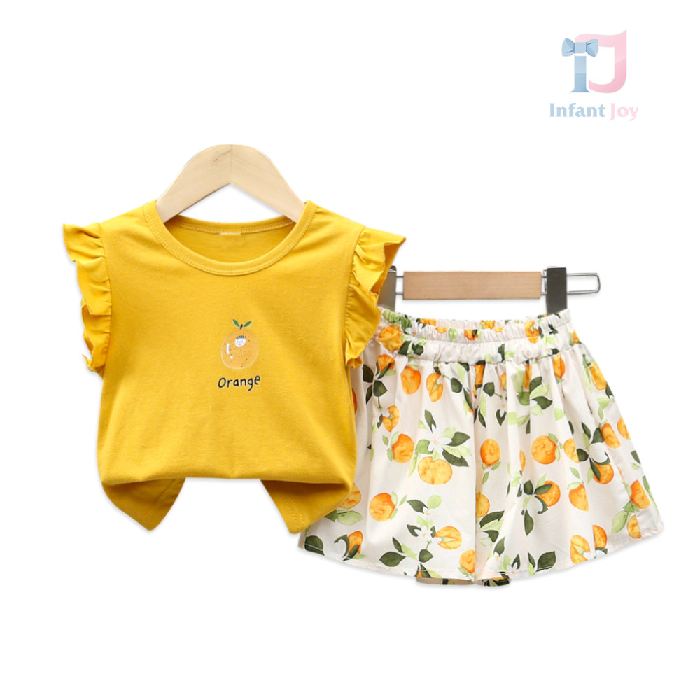 Set de 2 piese cu top cu volane și pantaloni evazați tip fustă Orange Garden