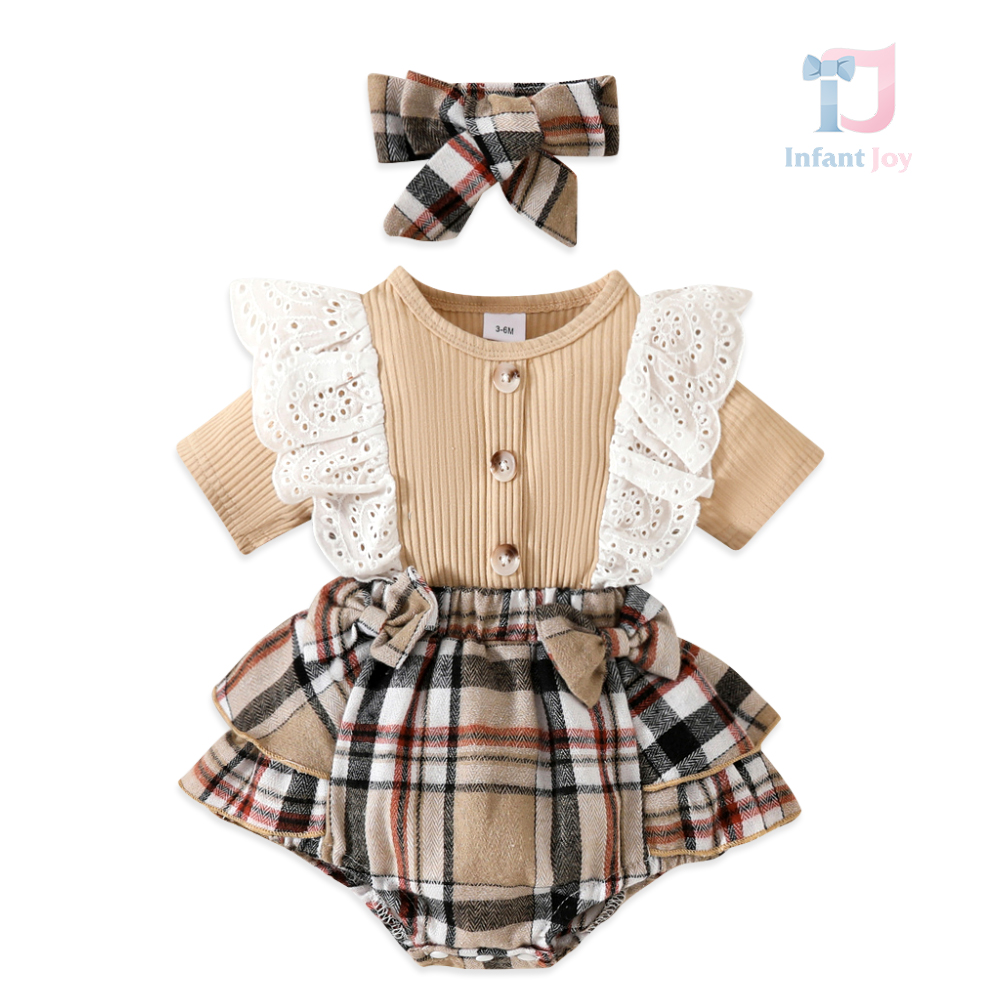 Set de 3 piese cu body rib cu volănașe din dantelă de bumbac, chiloței în carouri și bentiță pentru cap Oxford Lily Caramel