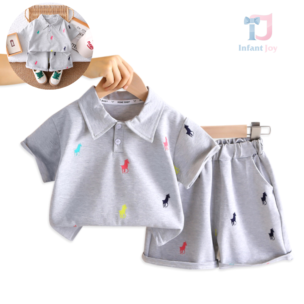Set de 2 piese cu guler clasic, broderii colorate și pantaloni scurți Polo Game Grey