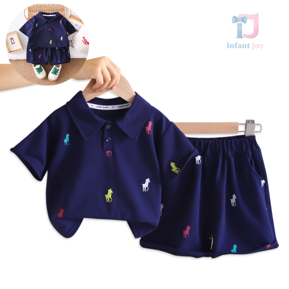 Set de 2 piese cu guler clasic, broderii colorate și pantaloni scurți Polo Game Navy