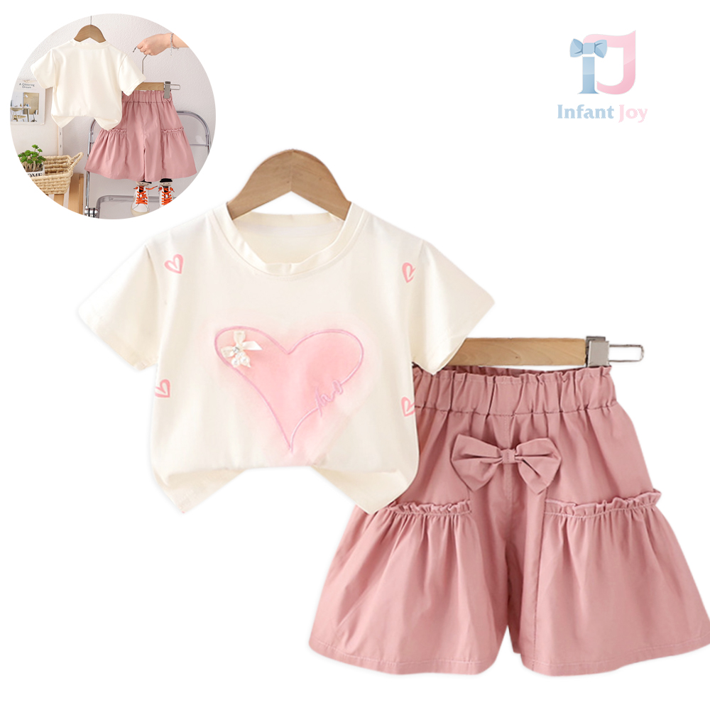 Set de 2 piese cu tricou cu broderii, fundiță și pantaloni moderni tip fustă cu crăpături și fronseuri Pretty Lovespell