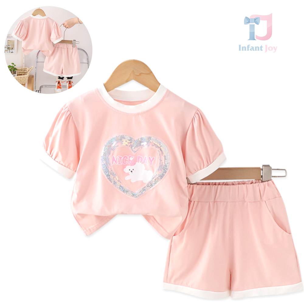 Set de 2 piese cu tricou cu mânecă ușor bufantă și pantaloni scurți Puppy Charm Pink