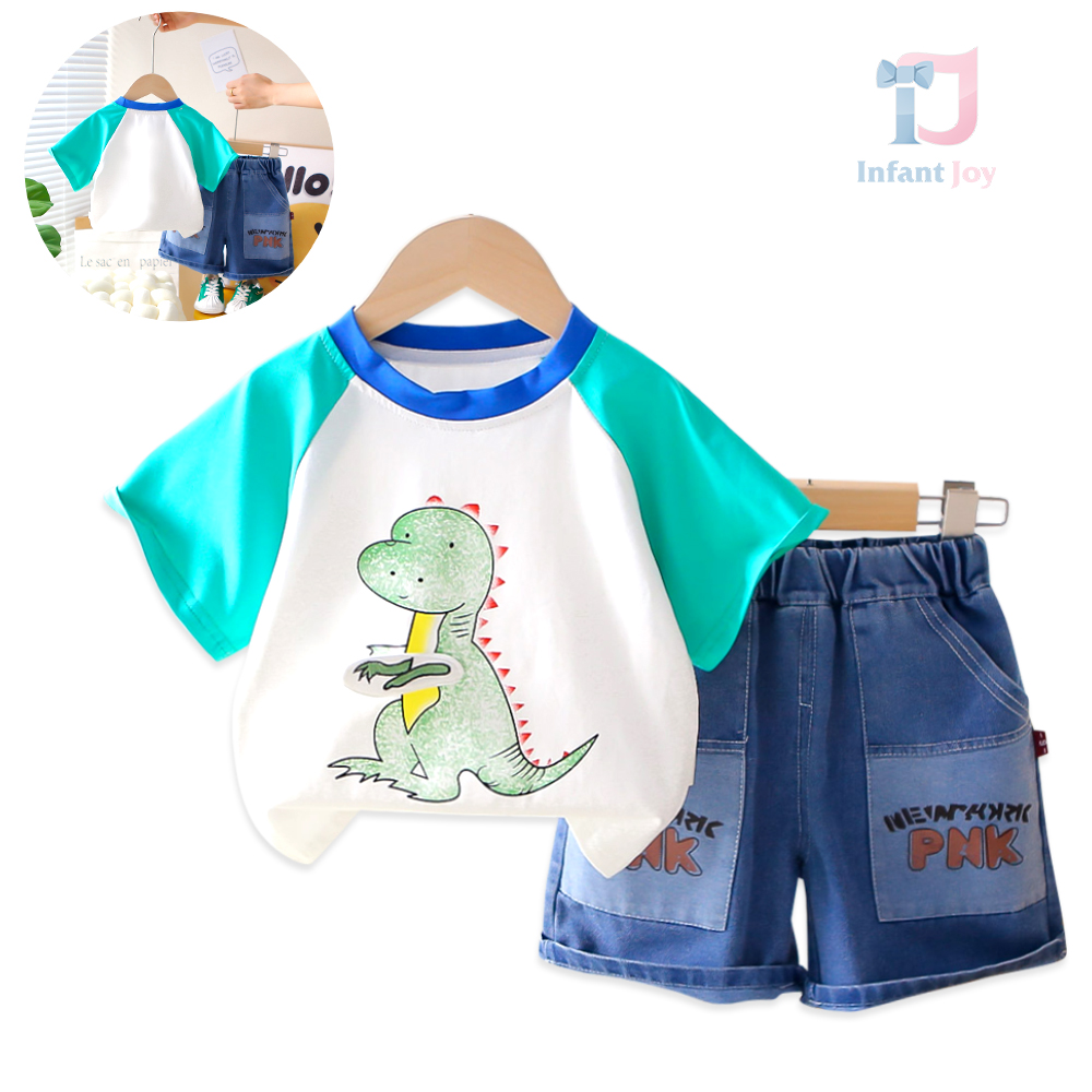 Set de 2 piese cu tricou cu element 3D și pantaloni scurți din denim Rawr Republic