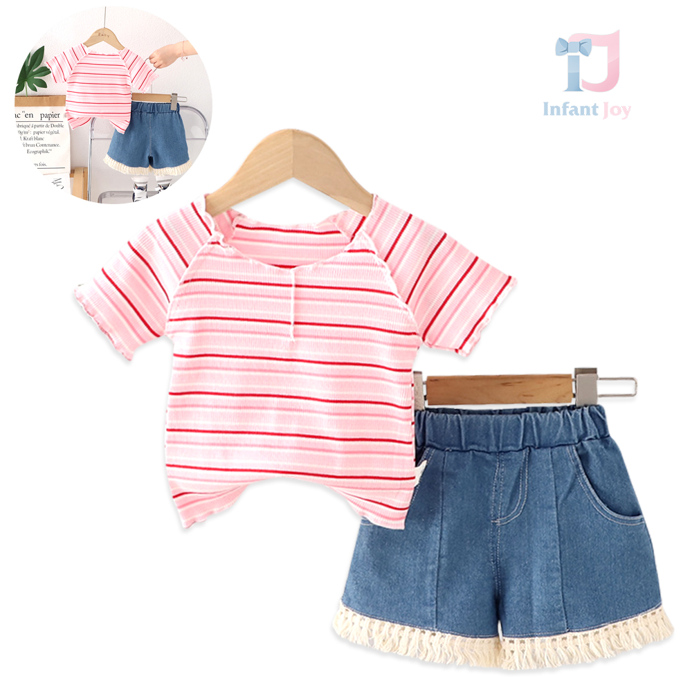 Set de 2 piese cu tricou în dungi și pantaloni scurți din denim cu ciucuri boho Riviera Stripes Pink
