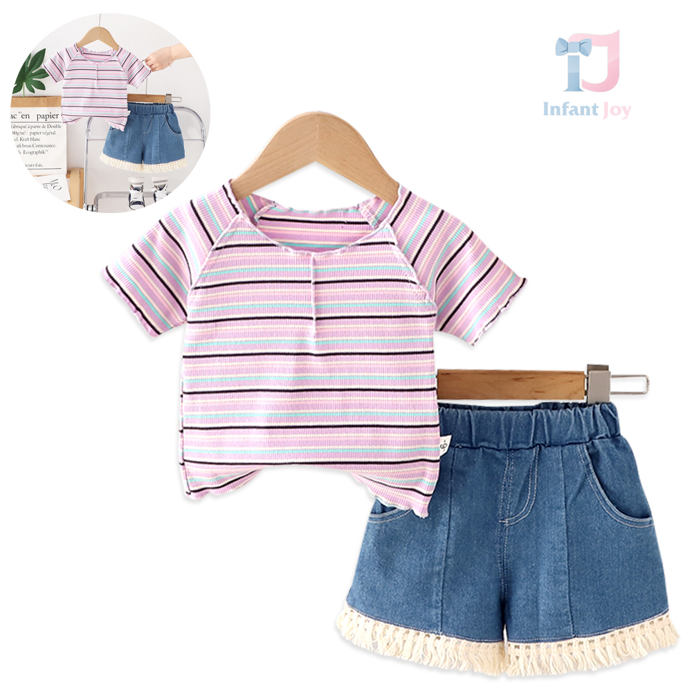 Set de 2 piese cu tricou în dungi și pantaloni scurți din denim cu ciucuri boho Riviera Stripes Violet