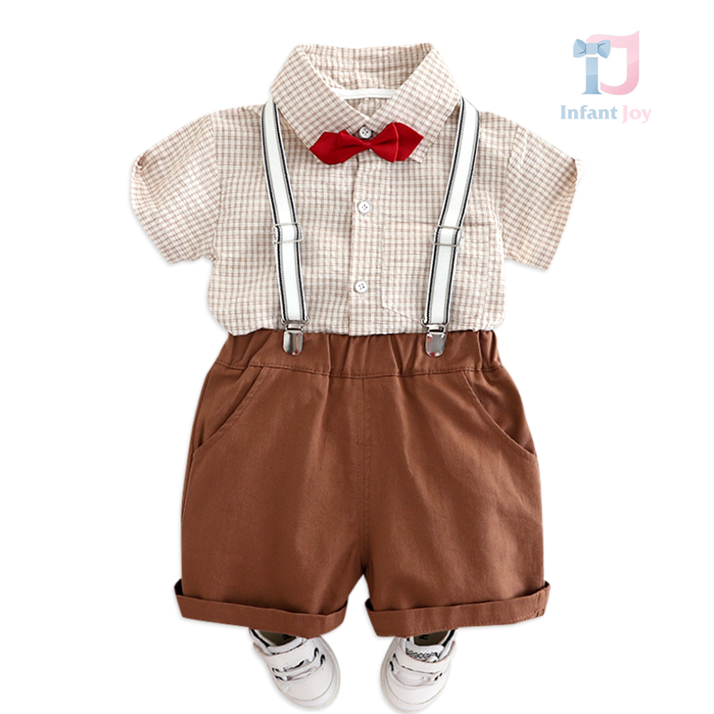 Set elegant de 4 piese cu cămașă în carouri, pantaloni, bretele și papion Stylish Suspenders Beige