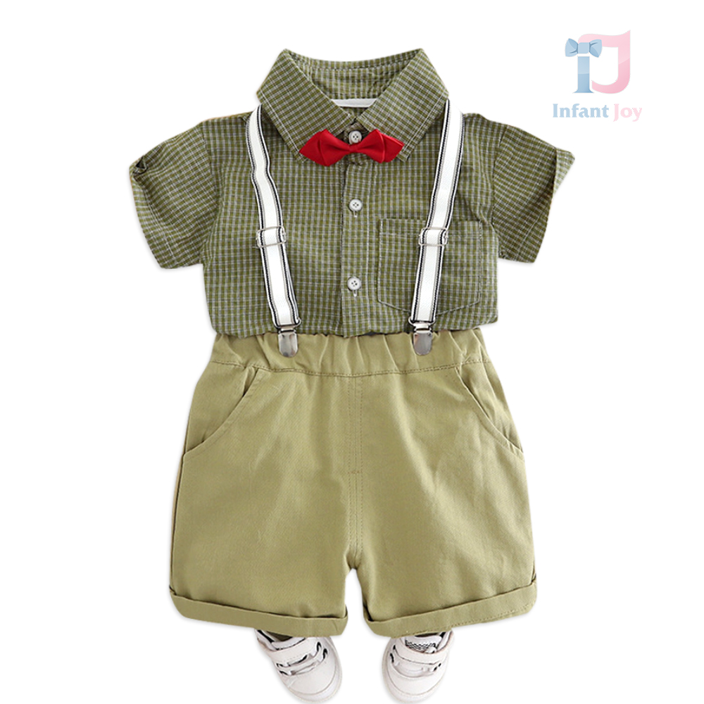 Set elegant de 4 piese cu cămașă în carouri, pantaloni, bretele și papion Stylish Suspenders Olive