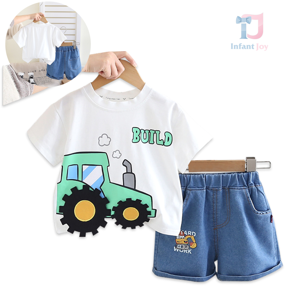 Set de 2 piese cu tricou cu elemente 3D și pantaloni scurți din denim Tractor Denim Build