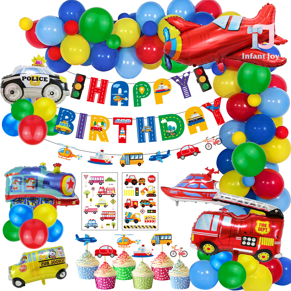 Giga set de 61 de piese: baloane, accesorii de hârtie și decorațiune suspendată – Happy Birthday Ultimate Transportation