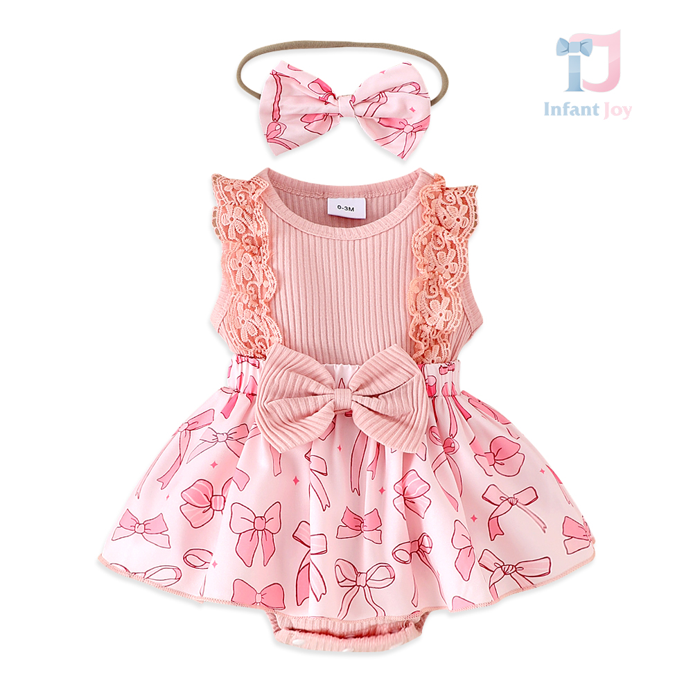 Set de 2 piese cu rochie cu închidere tip body, fundiță și elemente din dantelă și bentiță Pink Ribbon Dreams