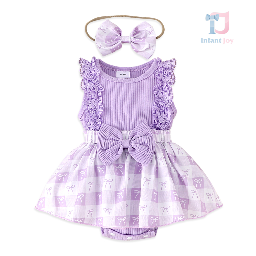 Set de 2 piese cu rochie cu închidere tip body, fundiță și elemente din dantelă și bentiță Violet Ribbon Dreams